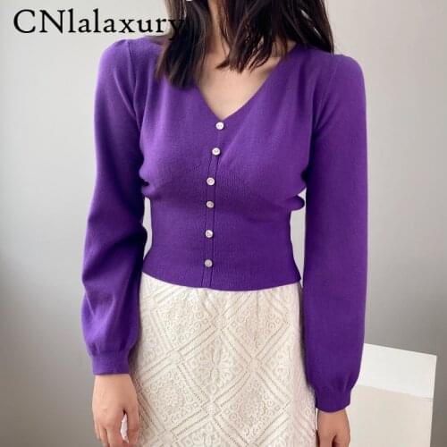 Autumn Korean Style V-Neck Short Knitted Sweaters Women Button Pullovers Fashion Long Sleeve Vintage Crop Top Jumper Ropa Mujer