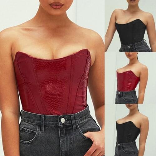 Summer Women Sexy Strapless PU Leather Tube Tops Off Shoulder Elastic Tube Tops Bra Crop Tops