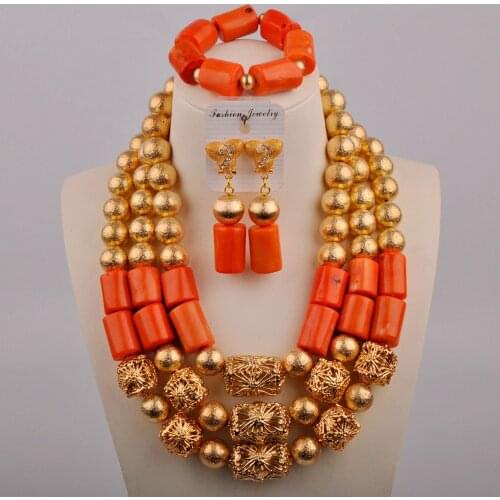Natural Coral Necklace Set African Wedding Orange Coral Beads Jewelry Set for Brides