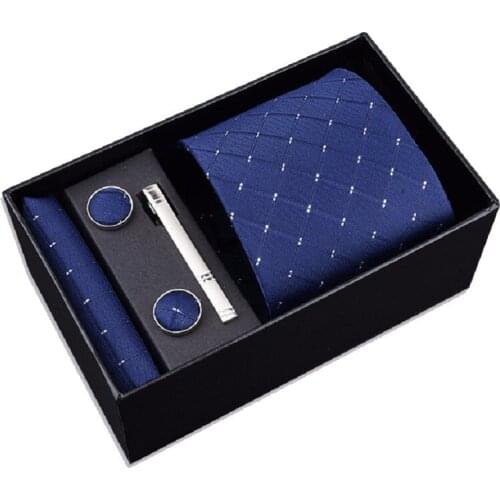 Men necktie set 8cm tie pocket square sleeve button tie clip hanky neckwear and handkerchief necktie cuff link boxed gift