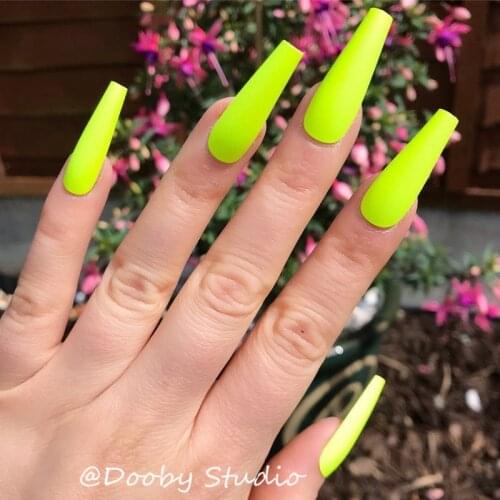Neon Green Super Long Press On Nails Coffin Colored Full Cover Fake Nails With Glue Sticker Ombre Glossy Ballerina Faux Ongles