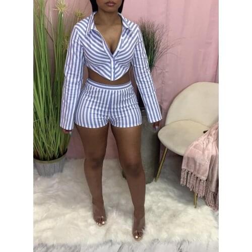 Echoine Autumn Long Sleeve Striped Print Shirt Crop Top Belt Shorts Set Two Piece Set Turn-down Collar Blouse and Shorts Outfits