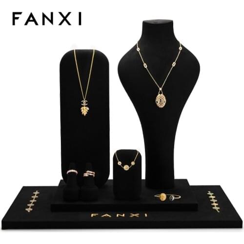 FANXI Black Jewelry Display Props Set Luxury Wooden Necklace Bust Microfiber Earring Stand Jewelry Organizer Tray