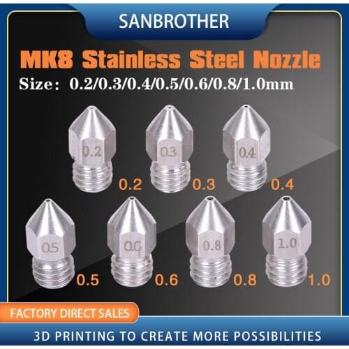 3D Printer Threaded Stainless Steel MK8 Nozzle M6 0.2 0.3 0.4 0.5 0.6mm for 1.75mm Filament for CR10 CR-10S Ender 3 Ender 5