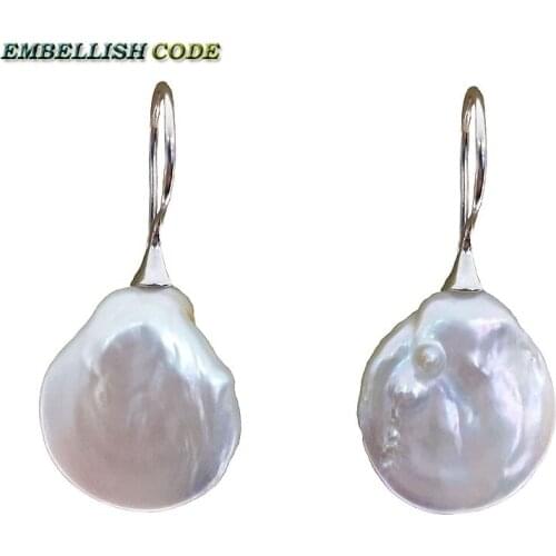 Baroque keshi stely hook dangle earrings buttons coin shape larger size natural fresh water pearls Special for women