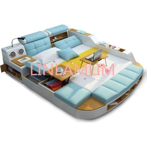 Smart bed frame camas bedroom кровать двуспальная lit beds fabric genuine leather speaker Bluetooth LED light USB creative bed