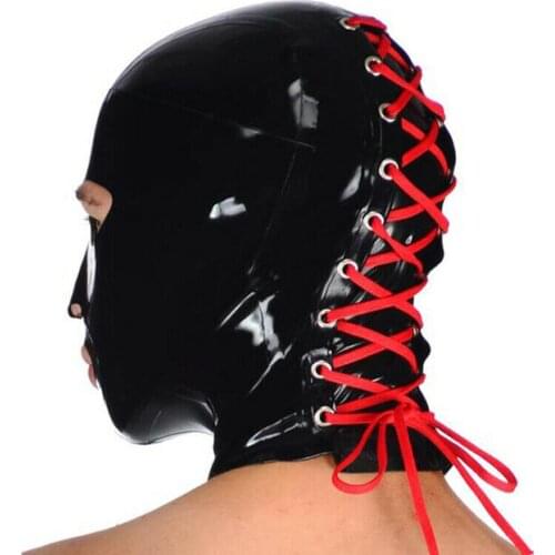 Unisex Latex Hood Behind Lacing Open Eyes Mouth Rubber Mask Club Wear Costume adult toys