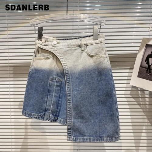 2021 Summer New Irregular Mini Skirt Gradient Color Fake Two Pieces Denim Hip Skirt Women Short Mujer Faldas Jean Skirt