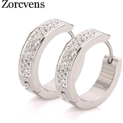 ZORCVENS Stainless Steel Ear Stud Earrings Silver Color Round Shaped Push CZ Stone Women Men Earrings