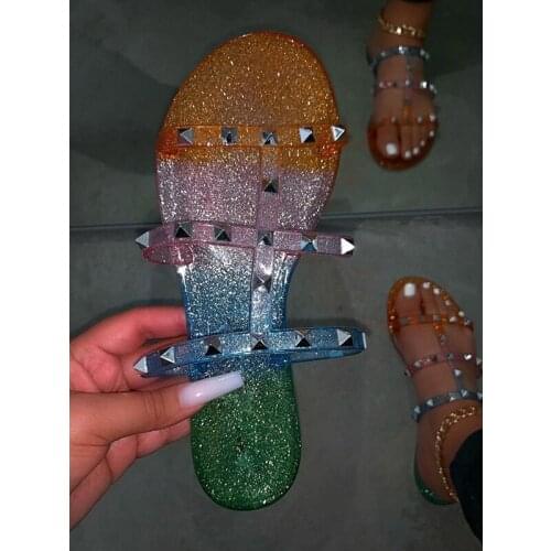 New Womens Summer Sandals Fashion Mixed Colors Handmade Rivet Slides Flat Heel Platform Bling Females Slippers Plus Size 34-43