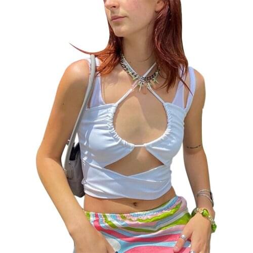 Women Cutout Crop Cami Tops Sexy Sleeveless Spaghetti Strap Solid Color Ruched Camisole Black/White