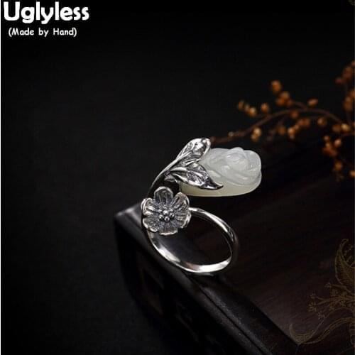 Uglyless Real S 925 Sterling Silver Natural Jade Flower Rings Women Retro Engraved Plum Blossom Ring Handmade Dress Fine Jewelry
