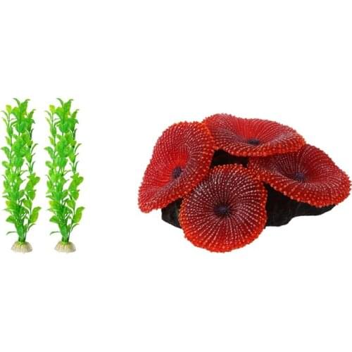 3 Pcs Aquarium Accessories: 2 Pcs Green Plastic Plant 12.2 Inch & 1 Pcs Coral Sea Plant Ornament Red