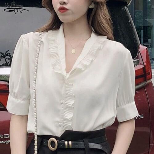 Blusas Casual Blouse Women Plus Size Short Sleeve Chiffon Shirt V-neck French Fashion Ruffle Women Top Cardigan Clothing 10021