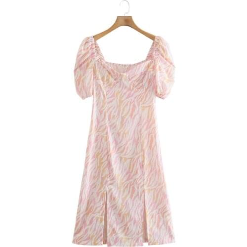 Merodi Girls Vintage Square Collar Pink Print Summer Za Long Slit Dresses Women Fashion Short Puff Sleeve High Waist ALine Dress