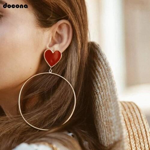 Docona Large Circle Love Drop Dangle Earring for Women Ladies Alloy Red Heart Piercing Pendant Earrings Jewlery Brincos 8185