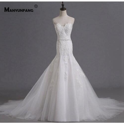 Elegant Strapless Lace Appliques Tulle Crystal Mermaid Wedding Dress 2021 New Arrival Sleeveless Chapel Train Bridal Ball Gown