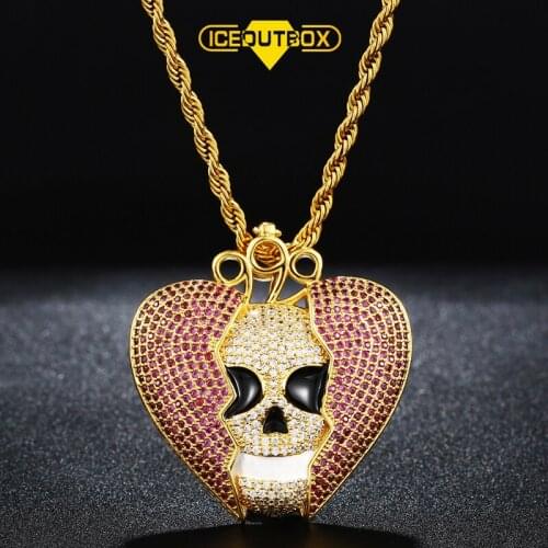 ICEOUTBOX Devil Skull Heartbreak Pendant Necklace Gold Silver Color Full Of Zircon Mens Hip Hop Necklace Fashion Street Style