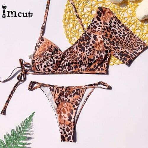 ImCute 2020 Women’ s 3PCS Bikini Set Sexy Halter Thong Bikini Swim Wear Leopard Grain Design For Women Bathing Suit Swimming