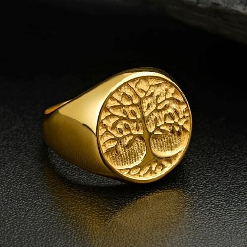 Valily 316L Titanium Steel Gold Color Tree of Life Ring Punk Rock Mens Rings Jewelry Christmas Gift US Size 7-14 drop shipping