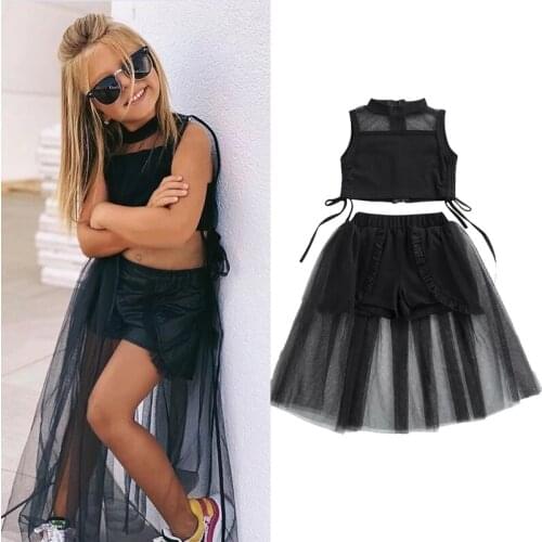 2 Pieces Kids Suit Set Solid Color O-Neck Short Vest+ Long Skirt with Lining Shorts for Summer, 2-8 Years