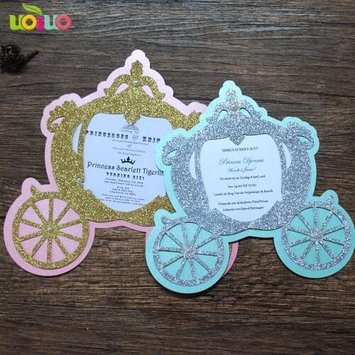 2018 hot sell lovely fancy baby birthday invitation card laser cut paper Fairy tale carriage christening and baptism invitations