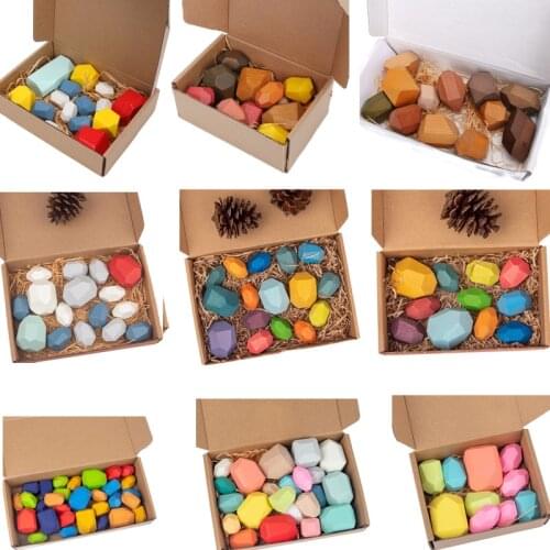 Hot Wooden Rocks Stones Wood Balancing Stacked Stone Baby Building Block Montessori Toys Block Colored Stone Kids Toys
