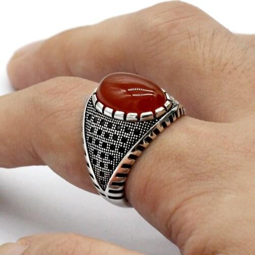 Fashion Creative Red Agate Stone Rings For Men Women Personality Male Punk CZ Stone Ring Jewelry Mens Night Club Accessories