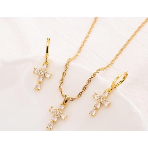 Gold cz cross crystal Pendant Necklace chain Earrings sets Jewelry Gold Christian jewelry sets for women girl Best Jesus Gifts