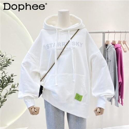 Spring and Autumn New Simple Letter Loose Plus Size Cotton Hoodies Thin All-Match Long Sleeve Hooded Sweatshirts Womens Top