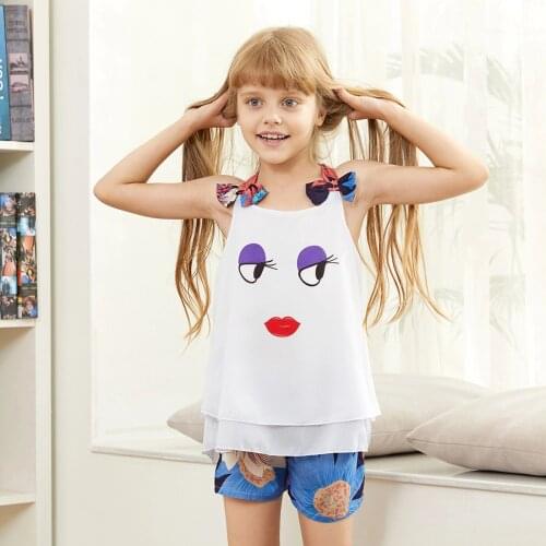 PatPat 2020 New Summer 2-piece Trendy Cartoon Print Tank and Flower Shorts Set Kids Girl Sets Suits Short-Sleeve T-shirt Clothes