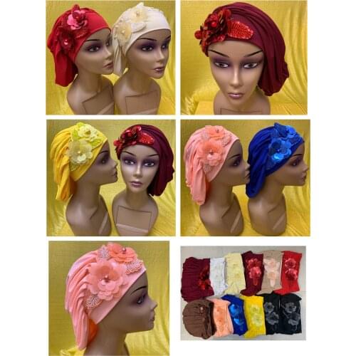 Attractive Womens Turban Caps Flowers Headscarf Bonnet Wedding Party Hat Head Wraps Ready to Wear Hijab Scarf Turban 12pcs/pack