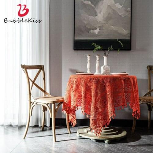 Bubble Kiss Table Cloth Dark Green Solid Retro European Light Luxury Crochet Knitting Hollow Craft Home Decor Coffee Table Cover