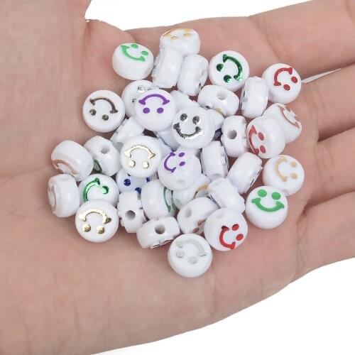50Pcs/Lot Mixed Color Acrylic Beads 10MM White Smile Round Loose Space Beads for Jewelry Making Needlework Bracelets Accessories
