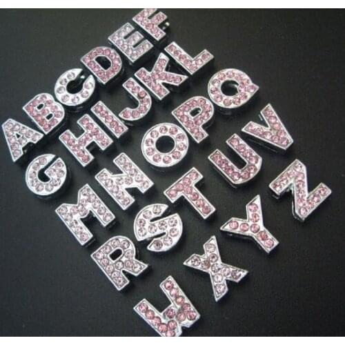 Pink rhinestones slide letter 26pcs/lot 8mm A - Z fit for 8mm leather wristband keychains diy charms