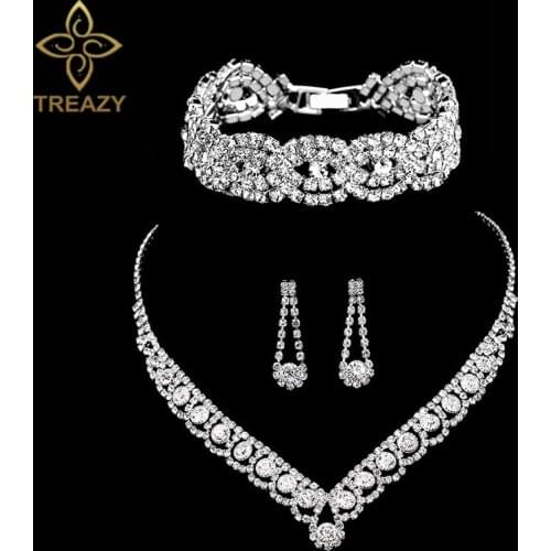 TREAZY Silver Color Rhinestone Crystal Bridal Jewelry Sets for Women Necklace Earrings Bracelet Set Wedding Jewelry Accessories