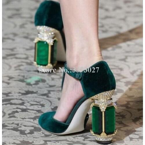Royal Green Velvet Gemstone Embellished Heels Shoes Woman T-Strap Crystal Chunky Heels Pumps Best Desinger Female Single Shoes