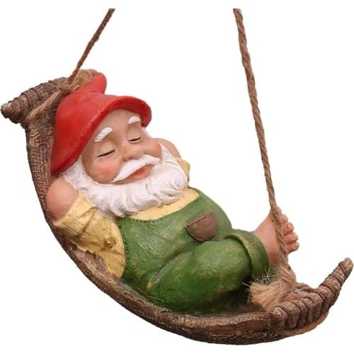 Funny Gnome Garden Decorations Outdoor Hanging Statue Fairy Garden Gnome Swinging Hammock Figurine Resin Tree Ornaments
