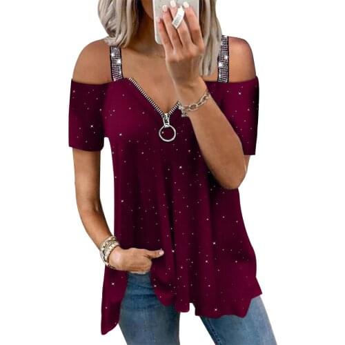 Summer Zipper V-neck Off Shoulder Tops Sequin Strap T-shirt Casual Women Shirt Vintage Loose Short Sleeve Pullover Tshirt D30