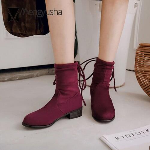 Low-heeled suede boots women big size 34-45 shoes back strap mid-calf motorcycle boots round toe all-match booties female 2020