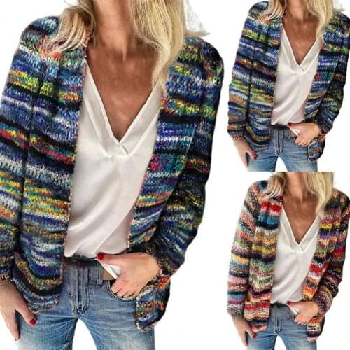 Women Sweater Rainbow Stripes Temperament Autumn Winter Long Sleeve Knitted Cardigan Coat for Office