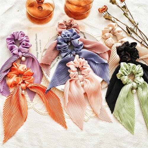1Pc Women Pearls Decor Hair Ring Fold Stripe Long Ribbon Bows Chiffon Scrunchie For Ponytail Girls Elastic Headdress Accessories