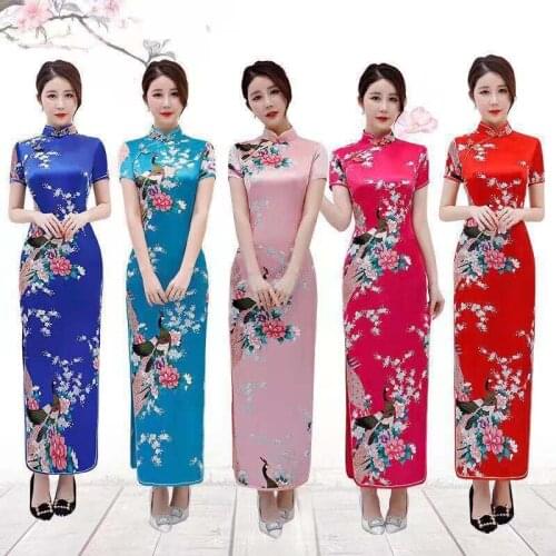 Floral & Peacock Women Traditional Chinese Dress Vintage Mandarin Collar Qipao Oversize Long Slim Cheongsam 6XL