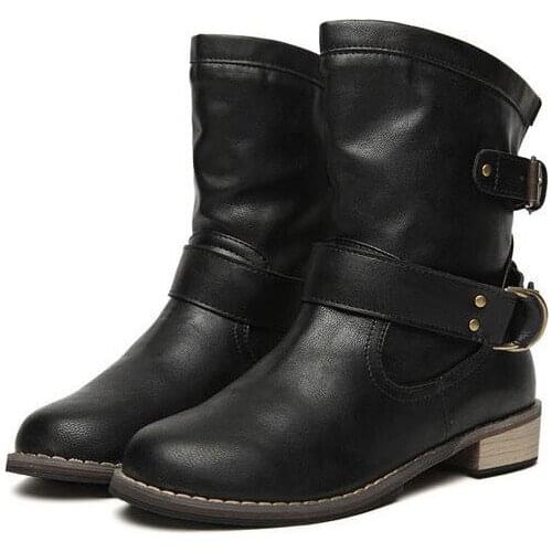 Winter women boots solid motorcycle pu leather boots women shoes buckle strap casual shoes woman botas Round head Low heel boots