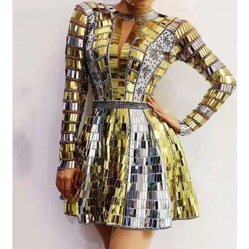 Gold Silver Sequins Rhinestones Backless Dress Fashion DJ Singer Dancer Stage Wear Mirror Costume Lady Party Show Clothes DT2417