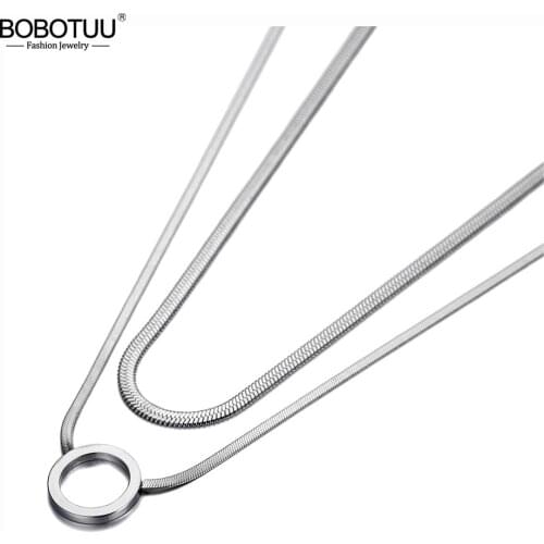 BOBOTUU Bohemia Titanium Stainless Steel Double Layer Circle Choker Necklaces Fashion Snake Chain Necklace For Women BN20001