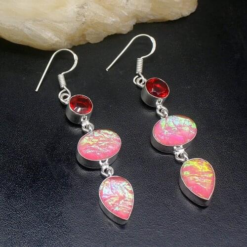 Gemstonefactory Big Promotion Unique 925 Silver Dichroic Glass Red Garnet Women Ladies Gifts Dangle Drop Earrings 20212224