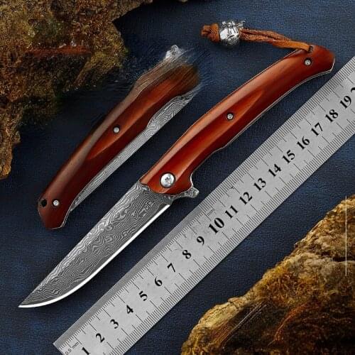 Damascus Steel Pocket Folding Mini Self-defense Knife Camping Tactical Survival Knife Artistic Pattern Edc Accessories Gadgets