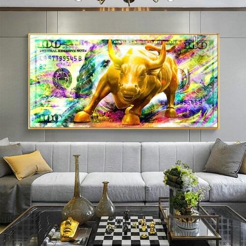 Charging Bull Canvas Print 100 Dollars Bill Wall Street Art Poster Modern Graffiti Art Canvas Paintings Home Wall Decor Cuadros