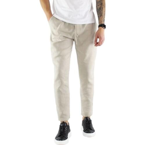 Mens trousers Beige linen baggy Capri summer elastic Slim Fit Pantalaccio comfortable lightweight